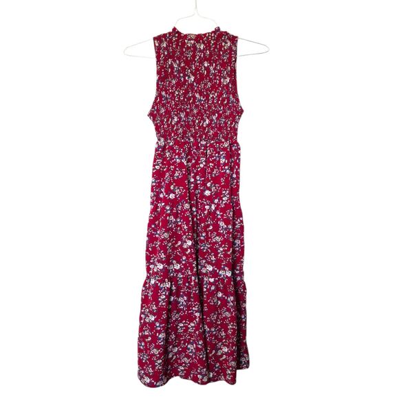 Red Floral Smocked Sleeveless Midi Dress Women’s Small - Picture 6 of 8